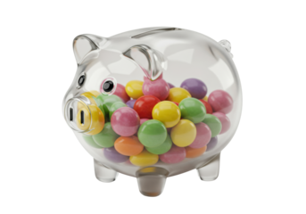 Isolated glass piggy bank filled with assorted candies, concept for saving or investment
