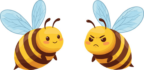 Cute cartoon bees illustration, happy bee and angry bee character, flying insects with wings, adorable vector design for kids, funny clipart artwork