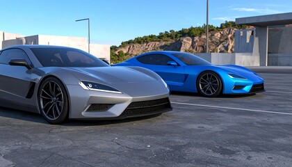 Obraz premium Two futuristic sports cars parked in urban setting