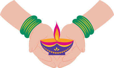 Illustration of Woman Hands Holding Diwali Diya Lamp Indian Festival Celebration