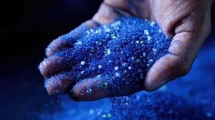 Human hand holding and pouring shimmering blue glitter sand with scattered white and green particles, creating a captivating visual of movement and texture against a dark backdrop