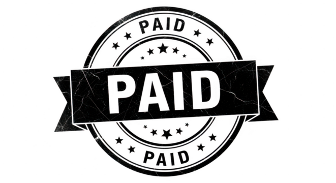 A black and white circular stamp with the word paid repeated multiple times and a banner across the center isolated on transparent background