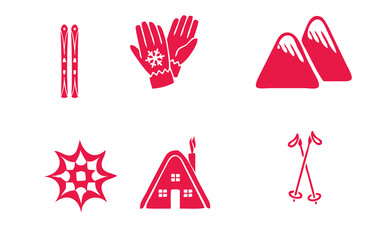 Skiing adventure icons featuring cozy cabin, snowy mountains, warm gloves, and snowflake