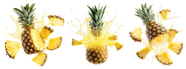 PNG Three pineapples exploding into slices on a white background element set on transparent background.
