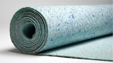 Recycled carpet underlay in a rolled form, presenting a textured blue speckled surface, emphasizing soundproofing, thermal insulation, and eco friendly construction materials