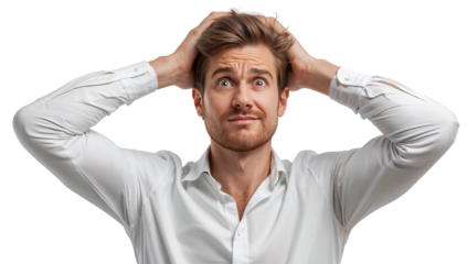 Worried businessman in panic with hands on head against black background for stress and anxiety