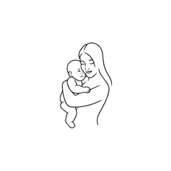 Obraz premium Black and white line art of a beautiful mother lovingly embracing her baby minimalist tender illustration