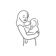 Black and white line art of a beautiful mother lovingly embracing her baby minimalist tender illustration