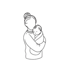 Black and white line art of a beautiful mother lovingly embracing her baby minimalist tender illustration