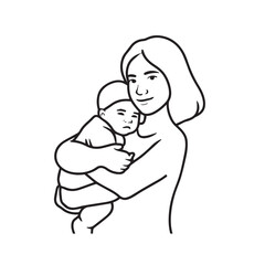 Black and white line art of a beautiful mother lovingly embracing her baby minimalist tender illustration