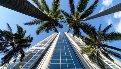 Low Angle View of Modern Skyscraper with Palm Trees
