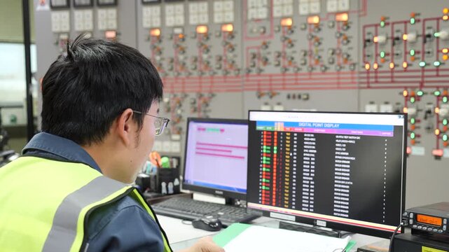 system operation and control, workplace safety with professional engineering supervision, engineer monitoring system data on computer screens in power plant control room, energy distribution