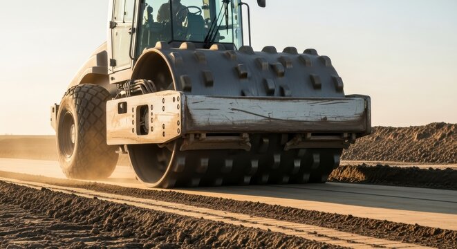Road construction site showcasing heavy machinery compacting asphalt for smooth surface