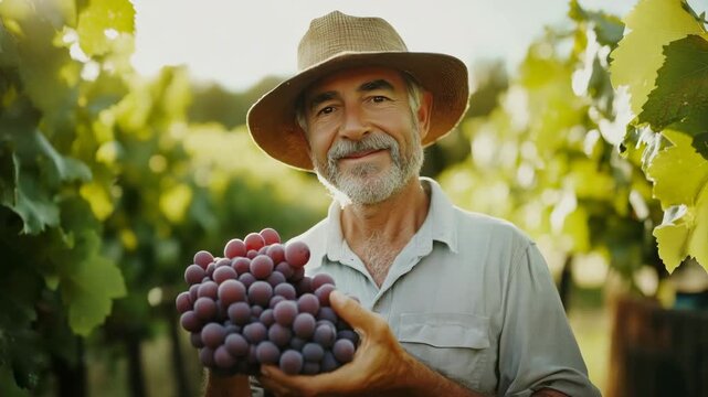 Winemaker holding organic red grapes in vineyard during harvest