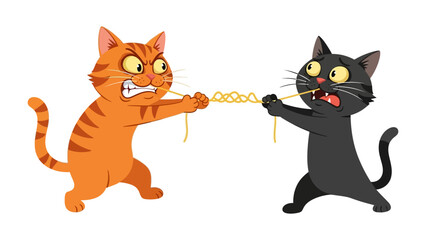Cats Tug-of-War: A playful yet spirited clash between two animated cats, one a fiery ginger tabby, the other a sleek black, as they engage in a lighthearted tug-of-war.