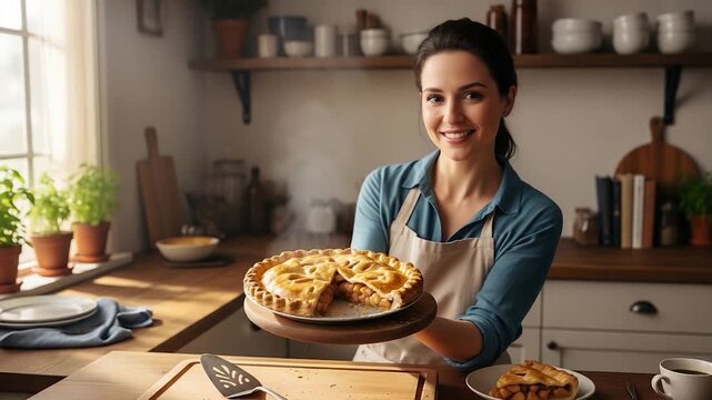 Happy Woman Presents Delicious Homemade Pie in Cozy Kitchen.