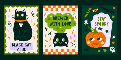 Cutout style Halloween characters vector posters set. Cute retro groovy fall print designs with black cat, cauldron, pumpkin illustrations