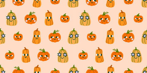 Fototapeta premium Cute Halloween vector seamless pattern. Fall wrapping paper design with little pumpkin characters illustrations