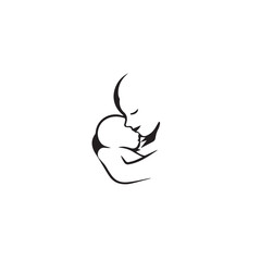 Black and white line art of a beautiful mother lovingly embracing her baby minimalist tender illustration