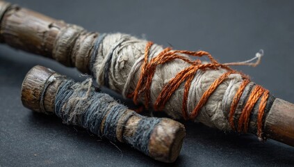 Close-up of two wooden spools with tangled thread.  Aged, worn thread in muted colors.  Dark gray background