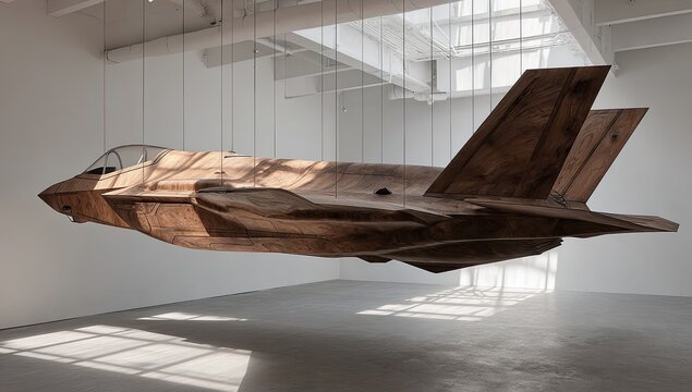 A large, wooden, F-22 fighter jet sculpture hangs suspended from the ceiling of a white gallery space. Natural light streams in
