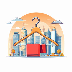 Wooden Clothes Hanger with Red Garment Against Cityscape Illustration