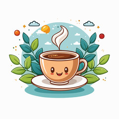 Cute Cartoon Coffee Cup Illustration with Green Leaves and Sunny Sky