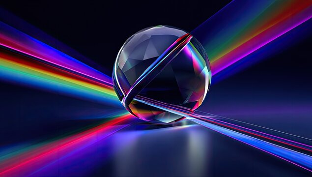 Dark, vibrant sphere with intersecting, spectral light rays