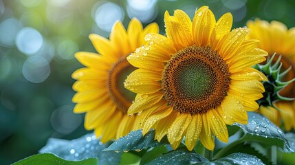 Obraz premium Vibrant Sunflowers Glistening with Dew in Natural Green Background