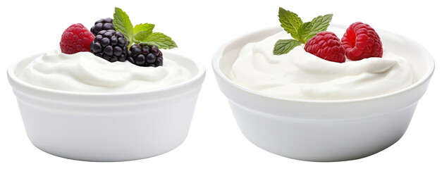 PNG Two bowls of yogurt topped with berries and mint leaves element set on transparent background.