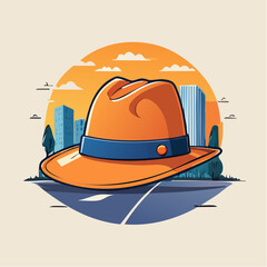 Orange Fedora Hat Cityscape Sunset Illustration