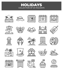 Collection of 25 Holidays. A Diverse Set of Festive Line Icons