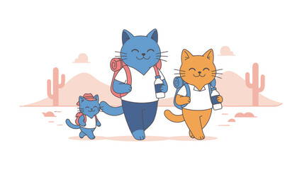 Family Adventure: Cartoon cats embark on a desert journey with smiles, backpacks, and an air of togetherness, perfectly illustrating the essence of family travel and exploration.