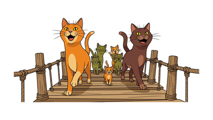 Cats on Bridge: A cheerful family of cats happily crossing a rustic bridge, full of playful energy and a touch of whimsy.  © Nusaybah