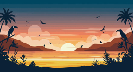 A pixelated tropical sunset scene with birds water clouds and two toucans perched on branches