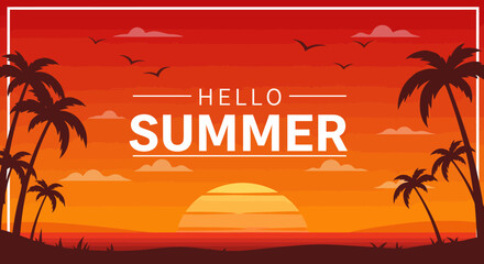 A summer scene of a sunset with palm trees and text HELLO SUMMER