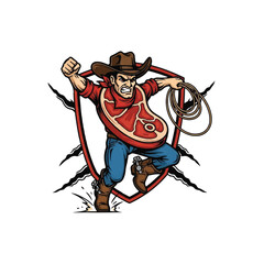A fierce cartoon cowboy mascot with a raw steak for a torso, holding a lasso inside a shield emblem.