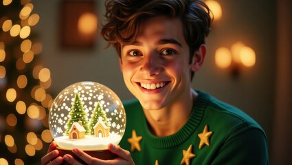 Naklejka premium Un joven encantador que sostiene una bola de nieve brillante, que simboliza los sueños festivos, vestido con un suéter verde con estrellas doradas