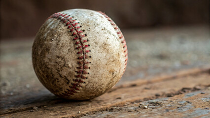 A well-worn leather baseball rests on rusty floor