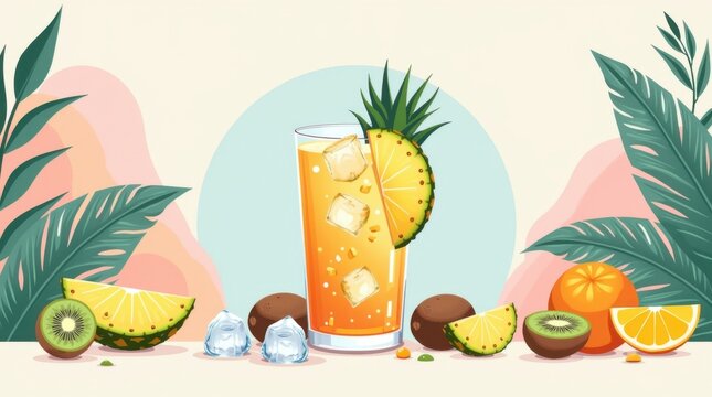 Un c&oacute;ctel tropical con frutas en rodajas como pi&ntilde;as, naranjas y kiwis, y cubitos de hielo transl&uacute;cidos