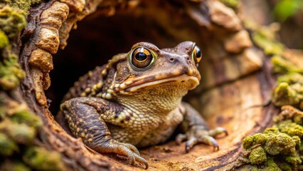 Fototapeta premium A curious amphibian peering from a decaying log's hollow, its golden eyes reflecting the dappled sunlight filtering through the forest canopy