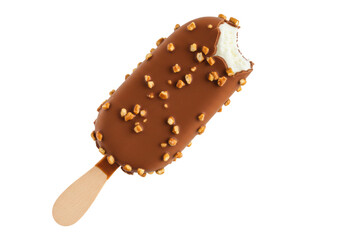Isolated popsicle on stick with chocolate covering and nuts, partly eaten, dessert