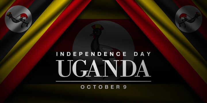 October 9 is Uganda Independence Day. Uganda flag and more. Suitable for posters, banners, and social media. Black background.