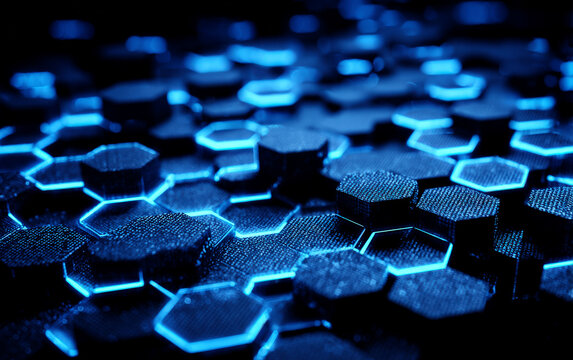 Hexagonal pattern with blue glowing edges in a technological scene