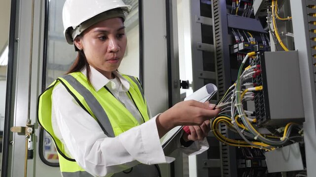 monitoring wiring system for maintenance, workplace safety, quality assurance in industrial engineering, Asian female engineer inspecting electrical control panel in factory, wearing safety helmet