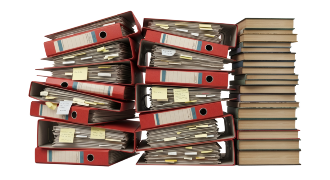 Chaotic Pile of Old Binders and Books Overwhelming Archives and Bureaucracy. clipping path. Business concept.
