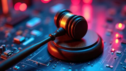 Mazo de madera sobre una placa de circuito futurista con luces de neón. Simboliza la tecnología legal, la privacidad de datos y la justicia moderna en el ciberespacio