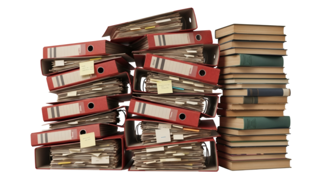 Chaotic Pile of Old Binders and Books Overwhelming Archives and Bureaucracy. clipping path. Business concept.