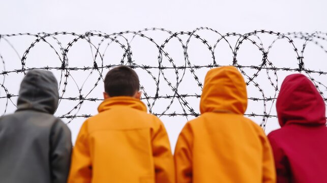 Children in colorful jackets gaze at a barbed-wire fence, evoking themes of separation and innocence amidst barriers.