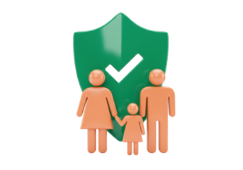 Isolated family protection concept with shield and checkmark for financial security